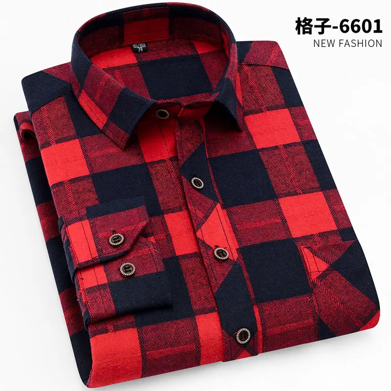Brushed Plaid Shirt Men Slim Fit No Ironing
