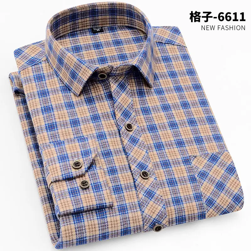 Brushed Plaid Shirt Men Slim Fit No Ironing