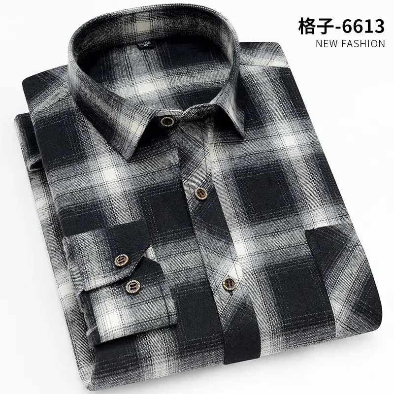Brushed Plaid Shirt Men Slim Fit No Ironing