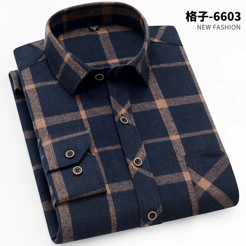 Brushed Plaid Shirt Men Slim Fit No Ironing