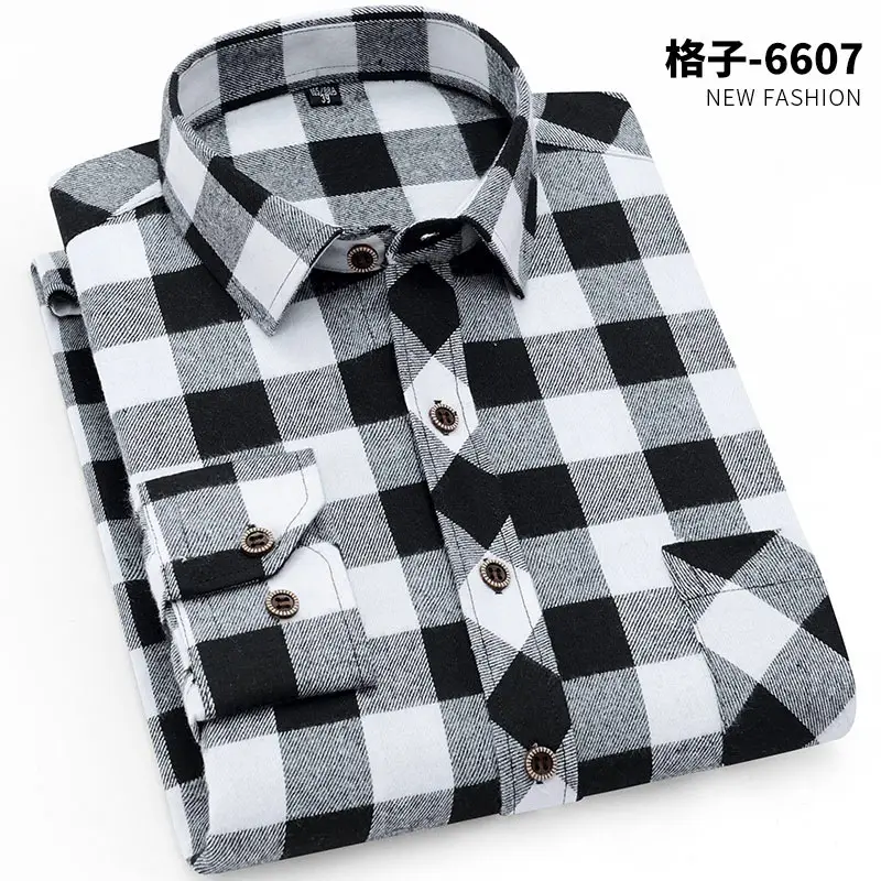 Brushed Plaid Shirt Men Slim Fit No Ironing