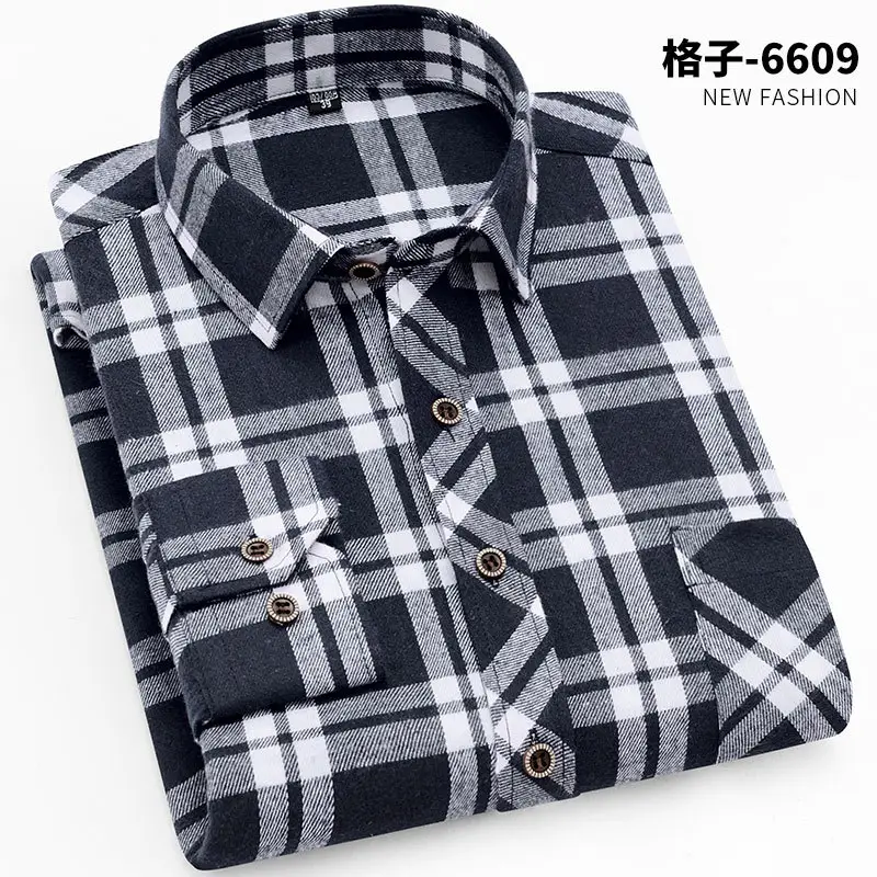 Brushed Plaid Shirt Men Slim Fit No Ironing