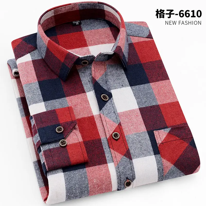 Brushed Plaid Shirt Men Slim Fit No Ironing