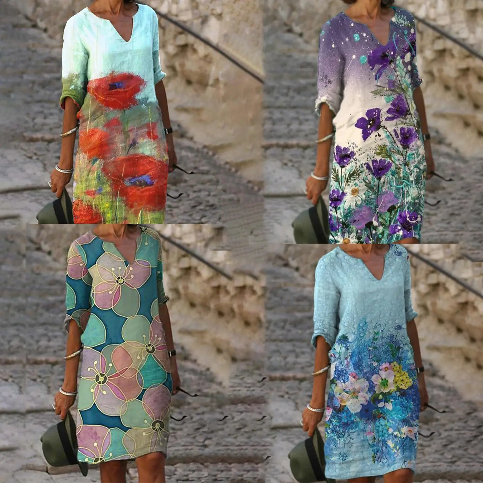 2025 Summer V Neck Printed Pullover Dress Loose Fit - Image 19