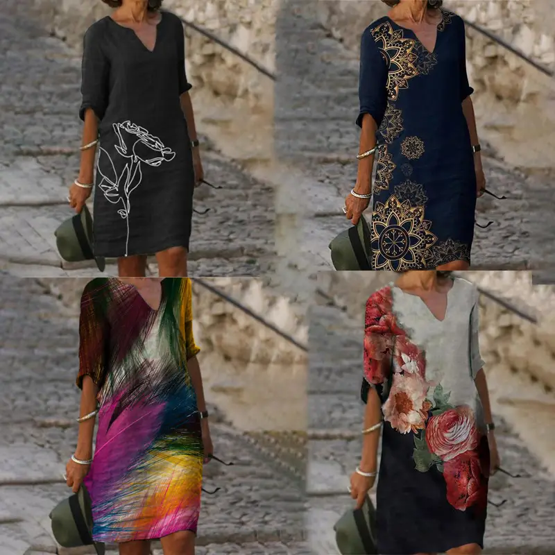2025 Summer V Neck Printed Pullover Dress Loose Fit - Image 20