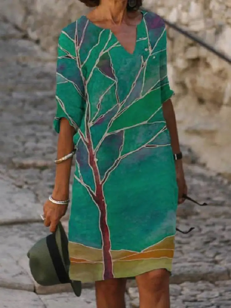 2025 Summer V Neck Printed Pullover Dress Loose Fit — feature 16