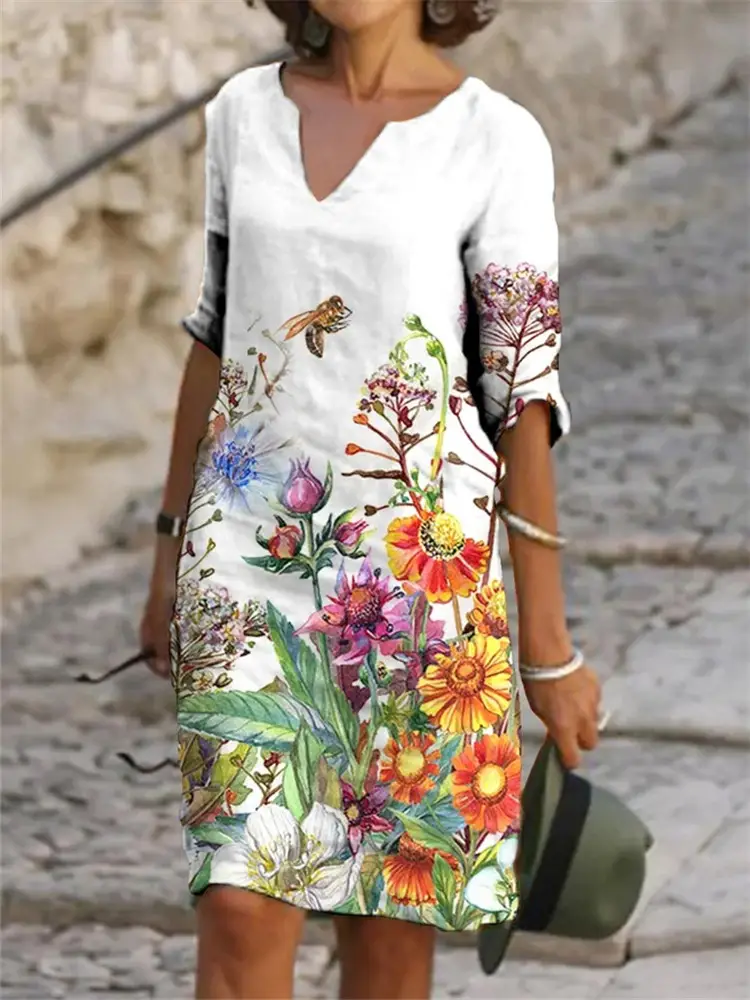 2025 Summer V Neck Printed Pullover Dress Loose Fit — feature 5