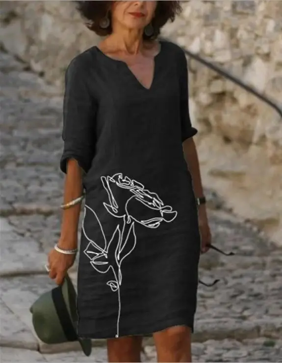 2025 Summer V Neck Printed Pullover Dress Loose Fit - Image 3