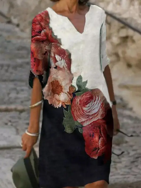 2025 Summer V Neck Printed Pullover Dress Loose Fit - Image 4