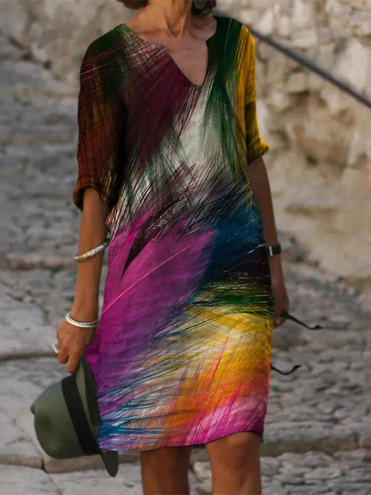2025 Summer V Neck Printed Pullover Dress Loose Fit - Image 5