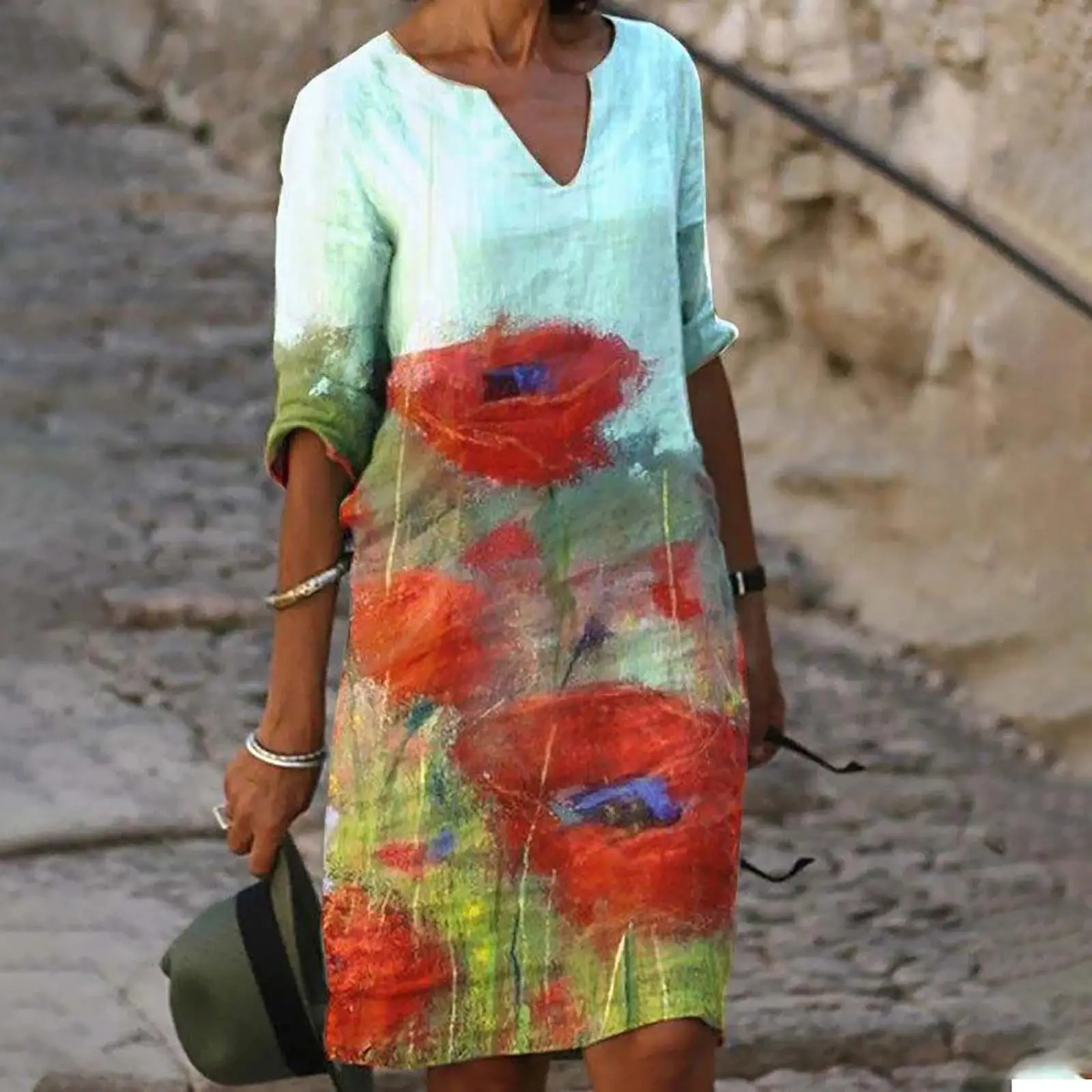 2025 Summer V Neck Printed Pullover Dress Loose Fit - Image 7