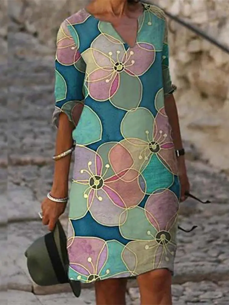 2025 Summer V Neck Printed Pullover Dress Loose Fit - Image 8