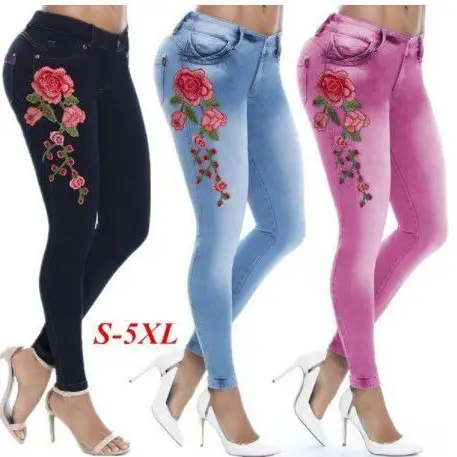 2018 Light Blue Embroidered Denim Pants with Red Roses - Image 5