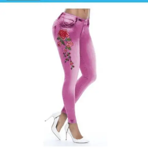 2018 Light Blue Embroidered Denim Pants with Red Roses - Image 6