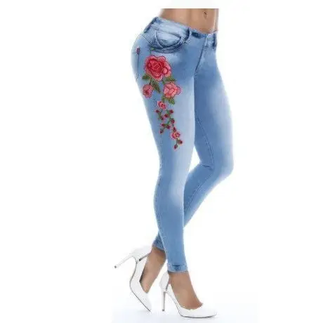 2018 Light Blue Embroidered Denim Pants with Red Roses - Image 2