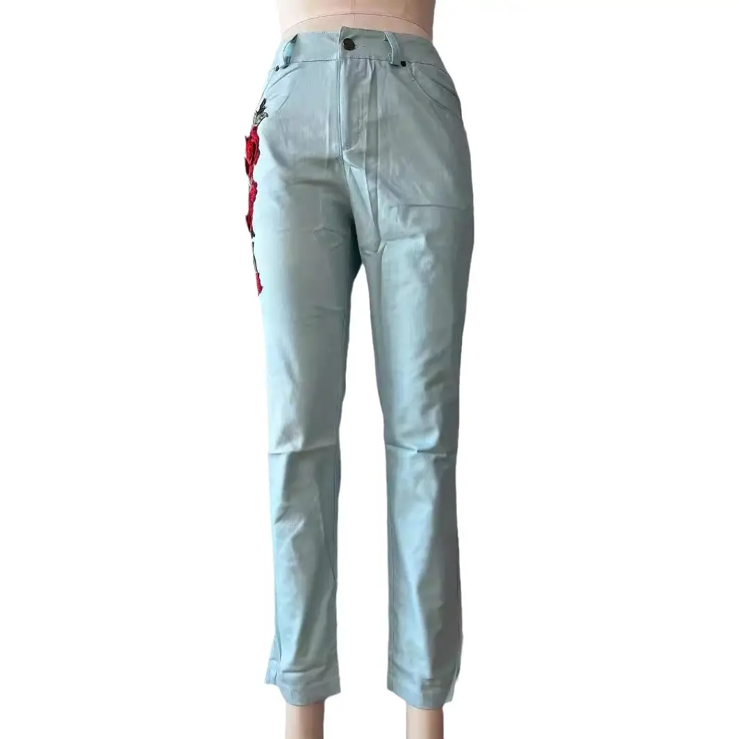 2018 Light Blue Embroidered Denim Pants with Red Roses - Image 7