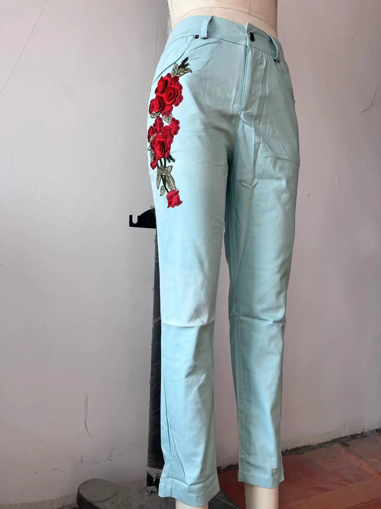 2018 Light Blue Embroidered Denim Pants with Red Roses - Image 3