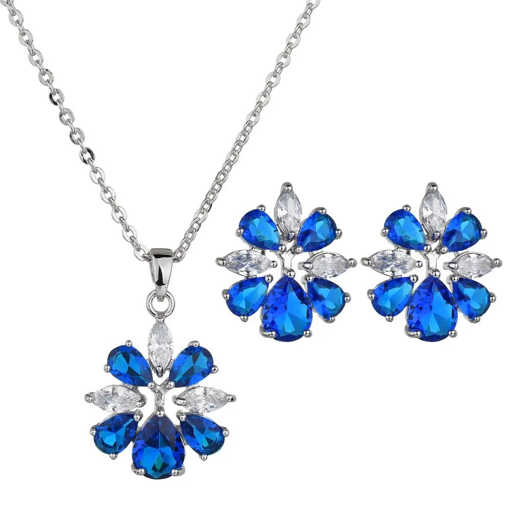 Blue Crystal Flower Necklace Earrings S925 Silver - Image 9