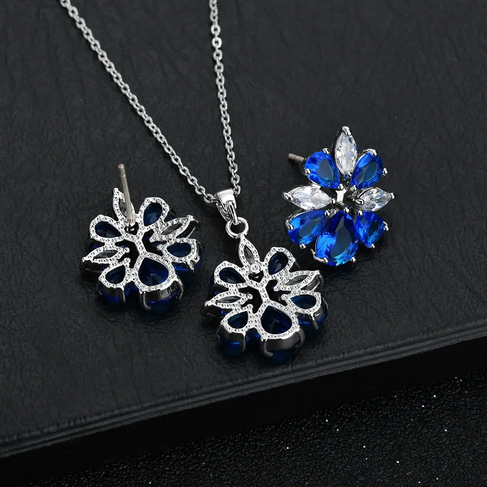 Blue Crystal Flower Necklace Earrings S925 Silver — feature 13
