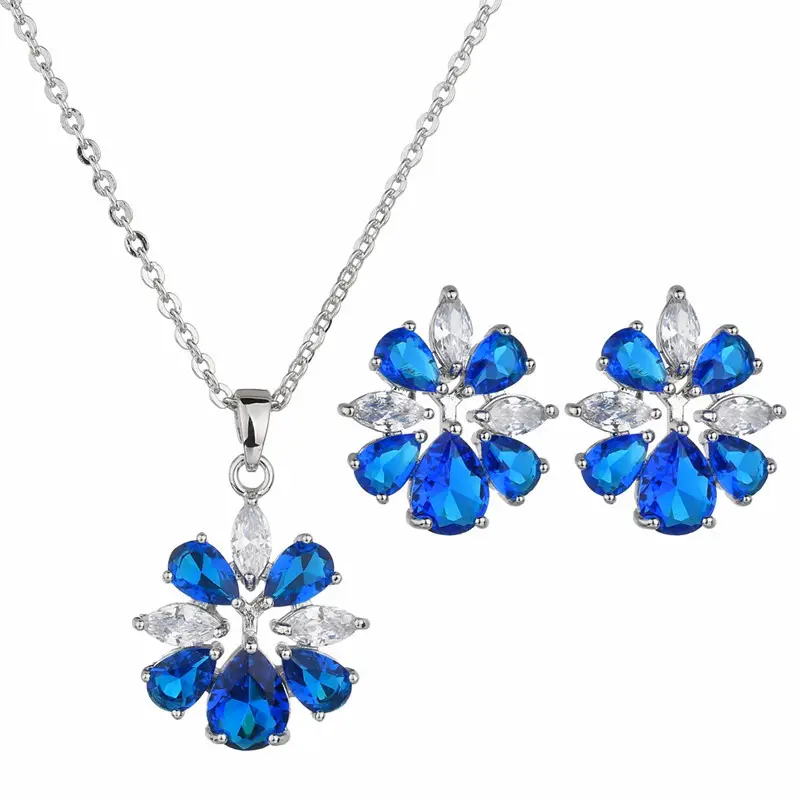 Blue Crystal Flower Necklace Earrings S925 Silver — feature 4