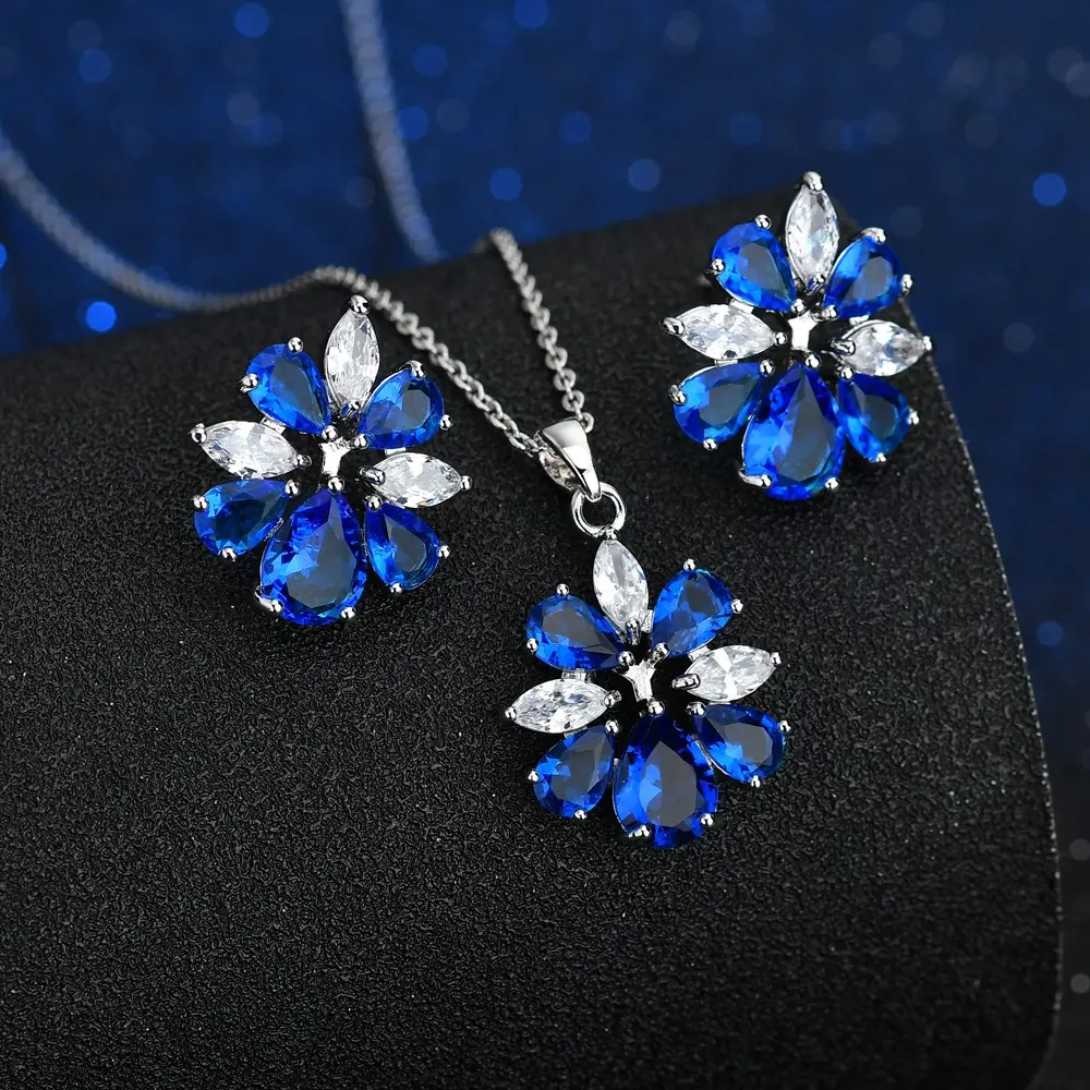 Blue Crystal Flower Necklace Earrings S925 Silver — feature 7