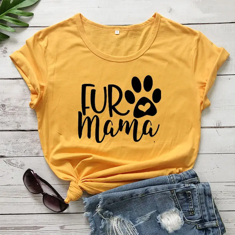 Fur Mama Letter T-Shirt Yellow Short Sleeve - Image 6