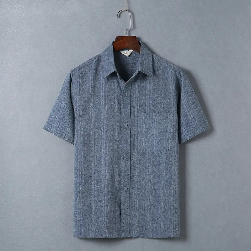 Men Striped Short Sleeve Shirt Blue Middle Age - Image 5