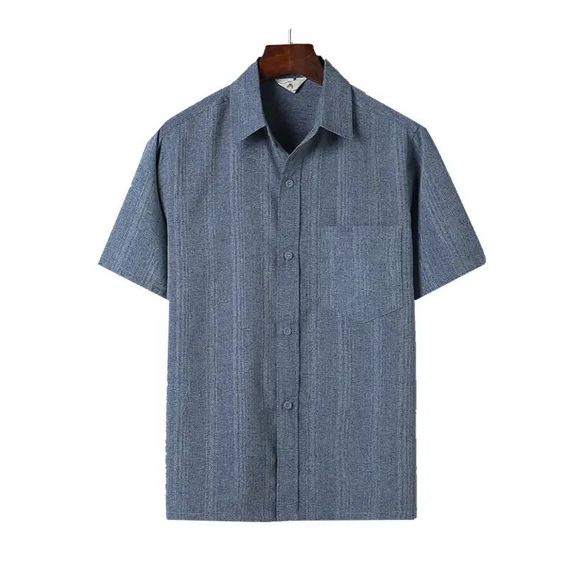 Men Striped Short Sleeve Shirt Blue Middle Age - Image 7