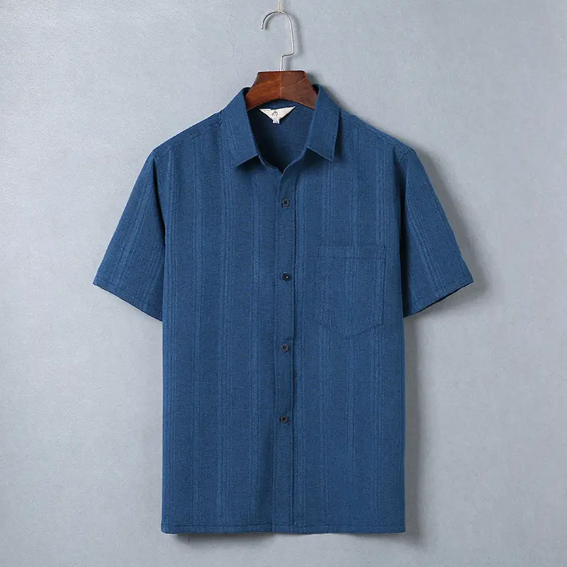 Men Striped Short Sleeve Shirt Blue Middle Age - Image 3