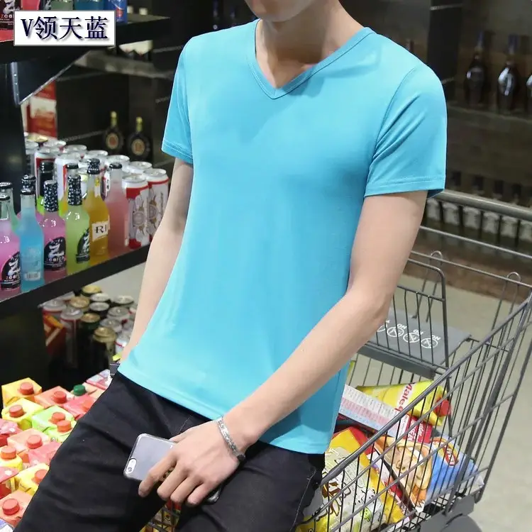 Men Black Round V T-Shirt Short Sleeve Casual - Image 27
