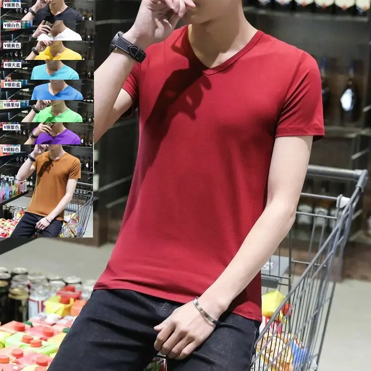 Men Black Round V T-Shirt Short Sleeve Casual - Image 28