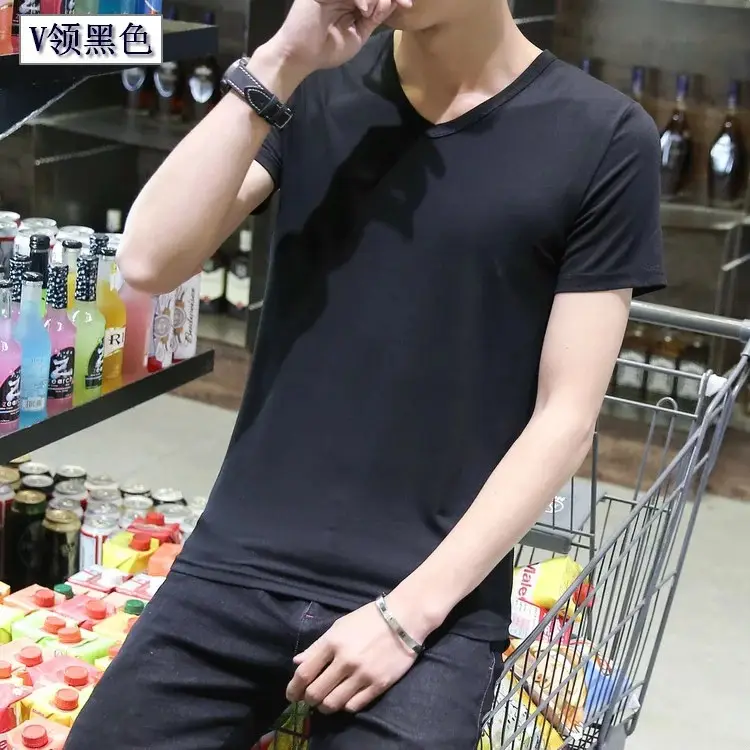 Men Black Round V T-Shirt Short Sleeve Casual - Image 29