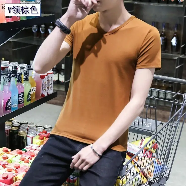 Men Black Round V T-Shirt Short Sleeve Casual - Image 30