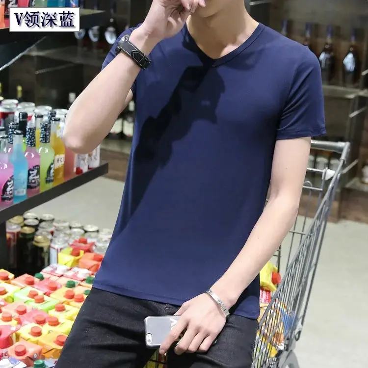 Men Black Round V T-Shirt Short Sleeve Casual - Image 10