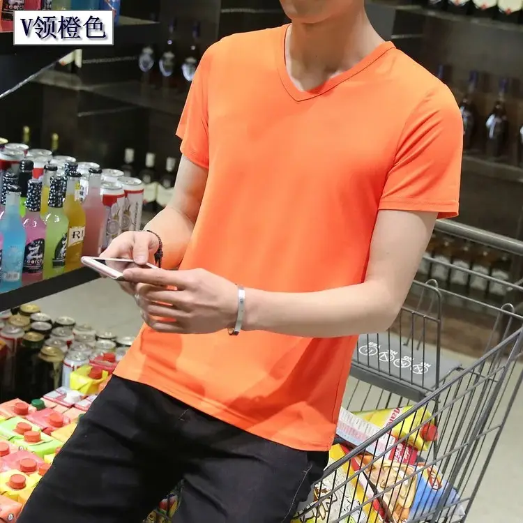 Men Black Round V T-Shirt Short Sleeve Casual - Image 11