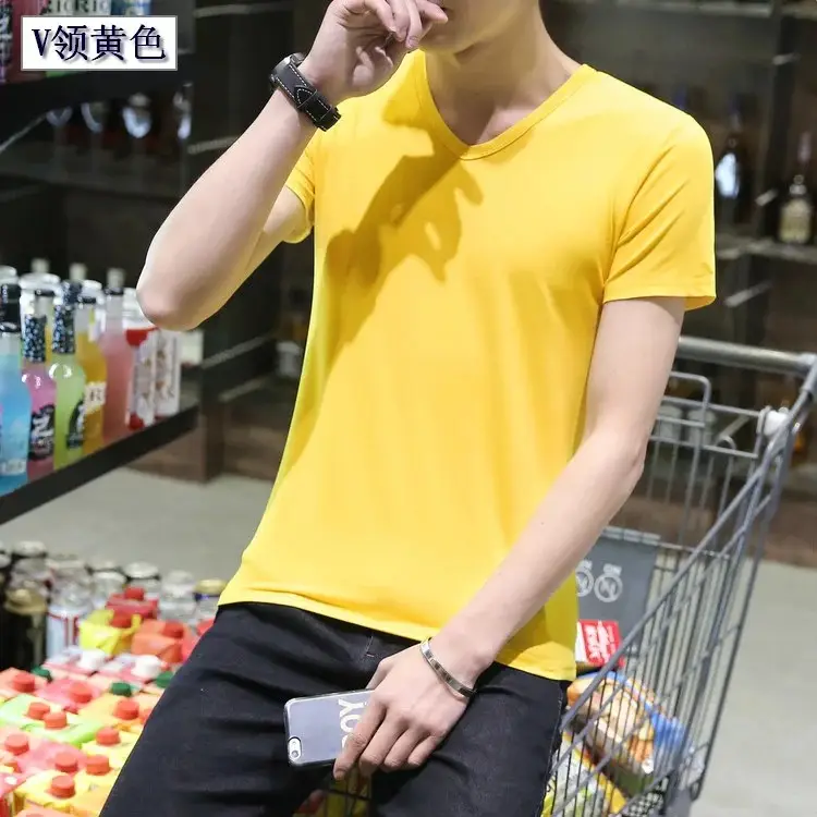 Men Black Round V T-Shirt Short Sleeve Casual - Image 12