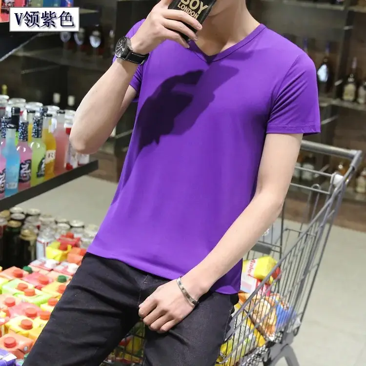 Men Black Round V T-Shirt Short Sleeve Casual - Image 13
