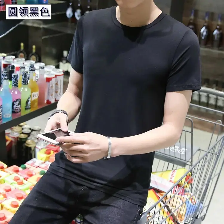 Men Black Round V T-Shirt Short Sleeve Casual - Image 14