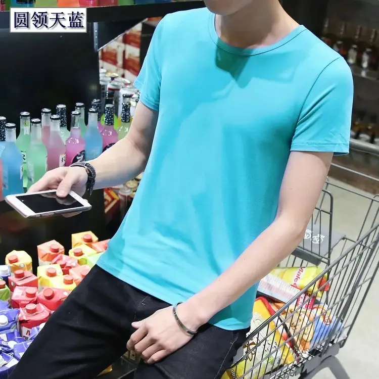Men Black Round V T-Shirt Short Sleeve Casual - Image 19