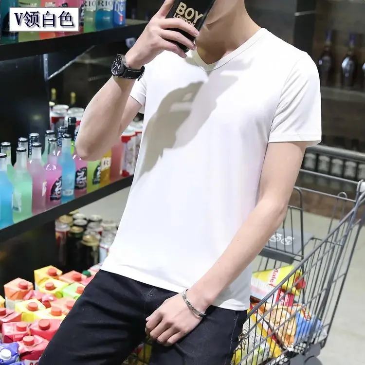 Men Black Round V T-Shirt Short Sleeve Casual - Image 2