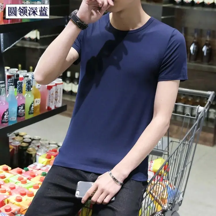 Men Black Round V T-Shirt Short Sleeve Casual - Image 23