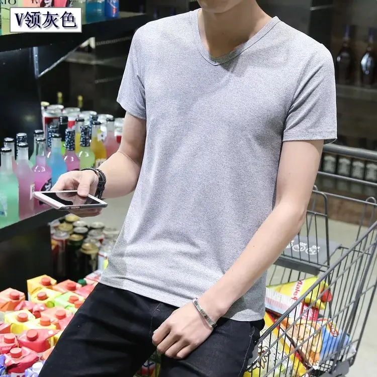 Men Black Round V T-Shirt Short Sleeve Casual - Image 3