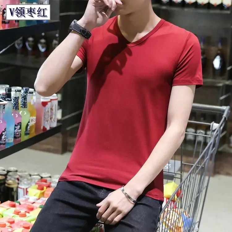Men Black Round V T-Shirt Short Sleeve Casual - Image 4