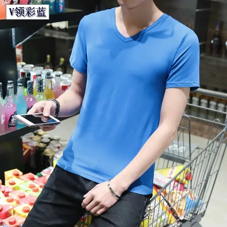 Men Black Round V T-Shirt Short Sleeve Casual - Image 7
