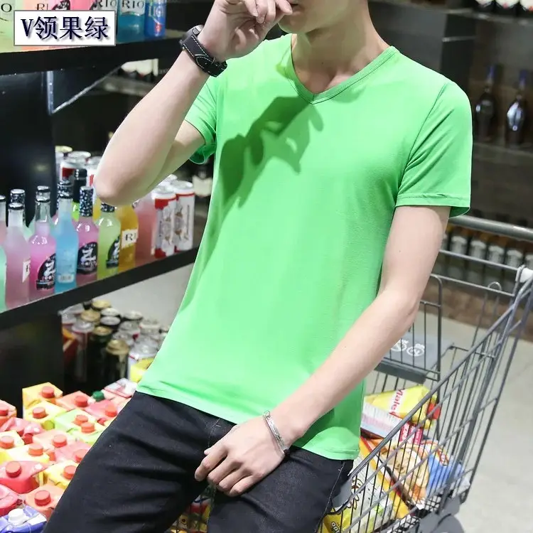 Men Black Round V T-Shirt Short Sleeve Casual - Image 8