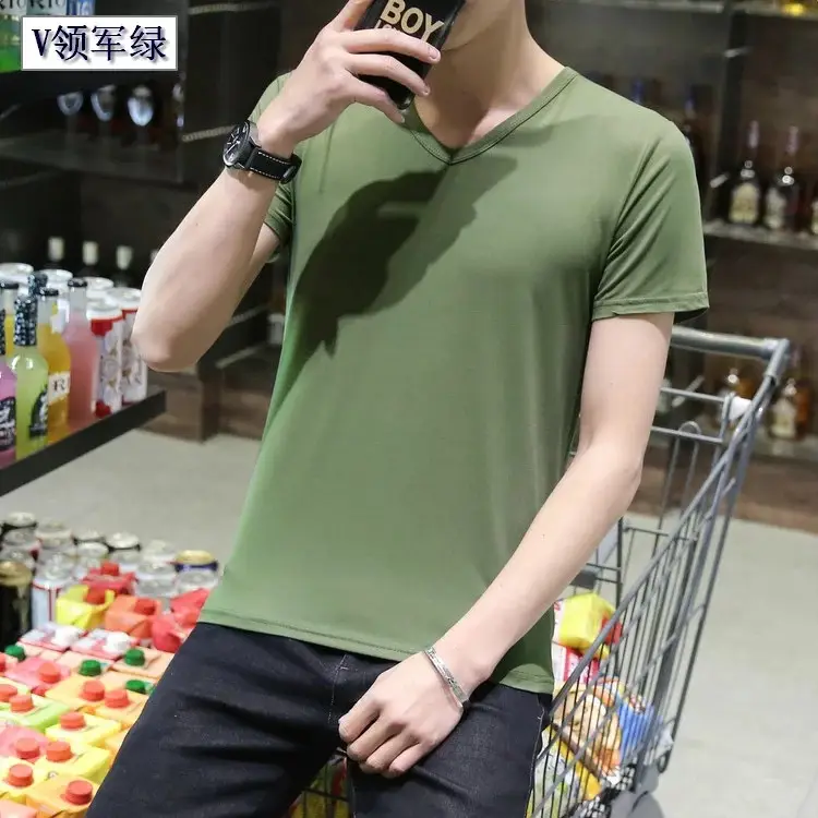 Men Black Round V T-Shirt Short Sleeve Casual - Image 9