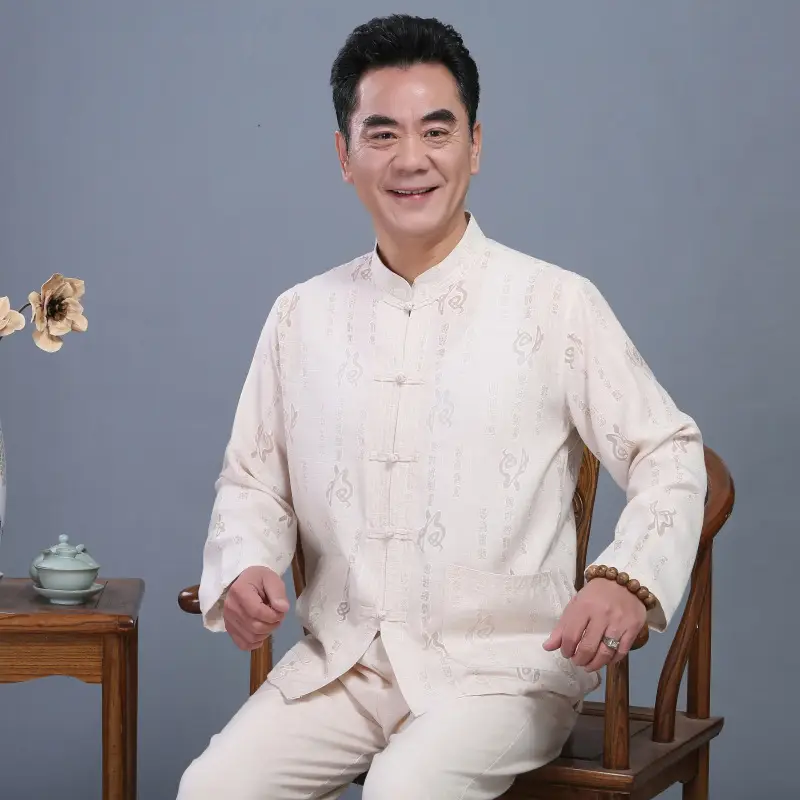 Men's White Linen Tang Suit with Embroidery - Image 8