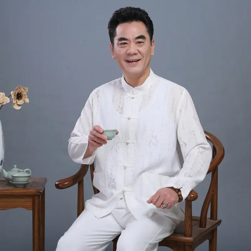 Men's White Linen Tang Suit with Embroidery - Image 9