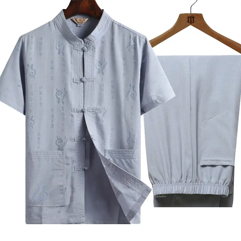 Men's White Linen Tang Suit with Embroidery - Image 11