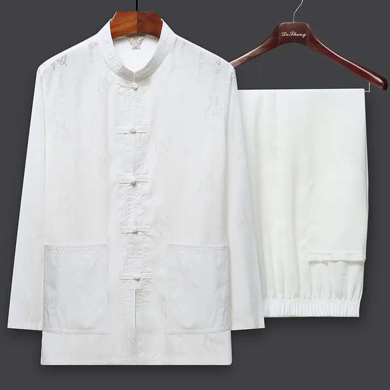 Men's White Linen Tang Suit with Embroidery - Image 2